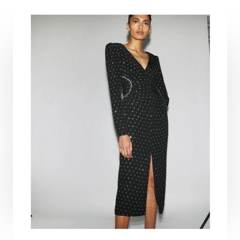 MRS Self-Portrait Diamante Rhinestone V-Neck Midi Dress Women's Black Size 4